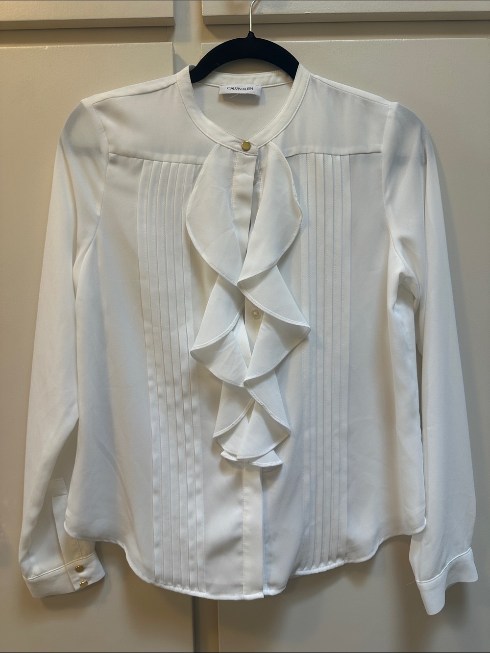Calvin Klein White Ruffle Pintuck Button-Front Blouse